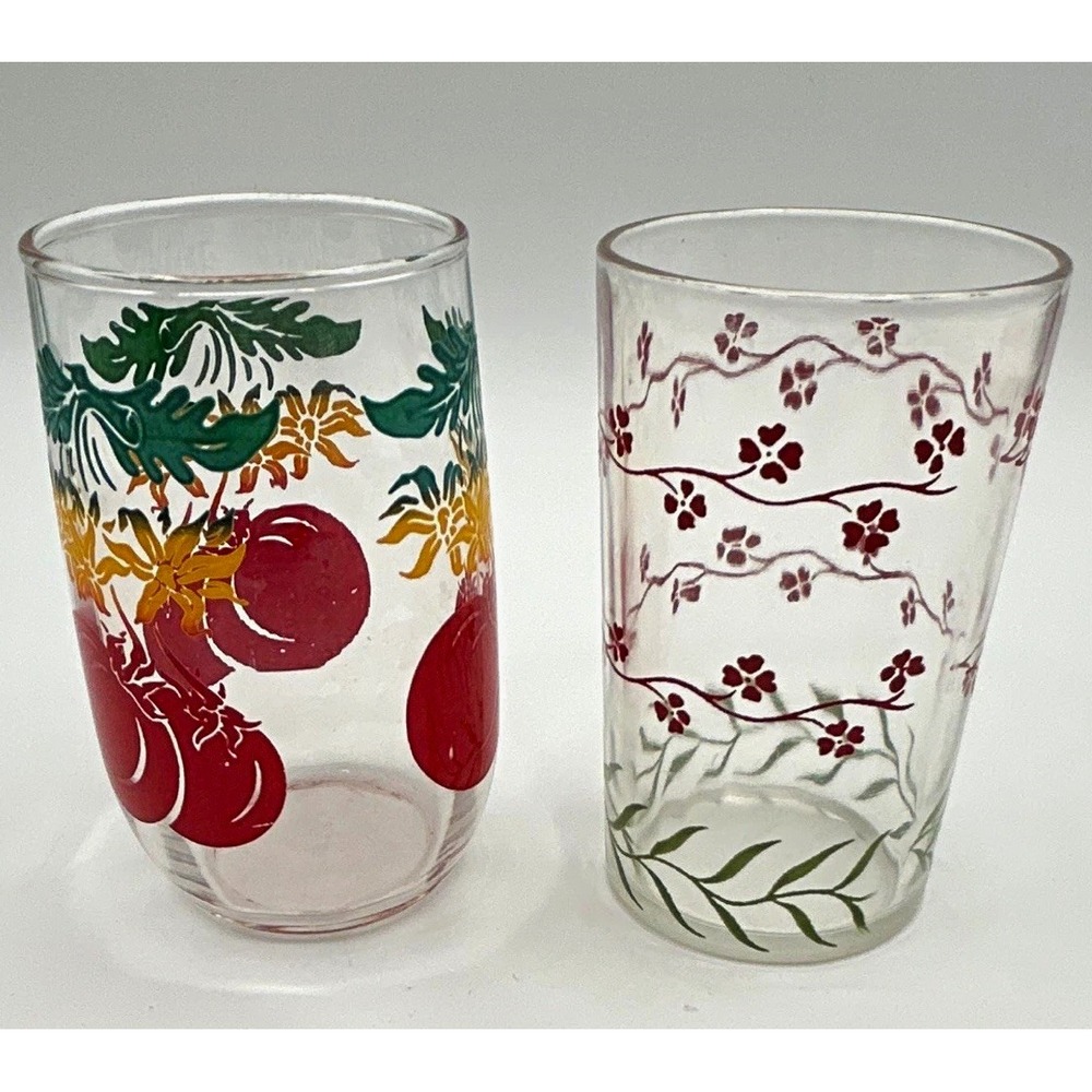 Vintage Mid Century Juice Glasses Lot of 2 Tomato & Floral Vine Print 3.5" MCM
